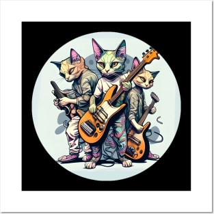 Funny Happy Rock Cat Playing Guitar Guitarist - Love Cats Posters and Art